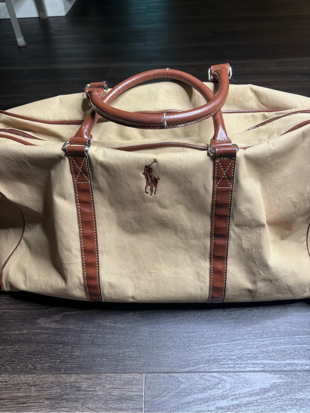 Vintage Ralph Lauren Mens Beige & Brown Canvas With Shoulder Strap Travel Duffle